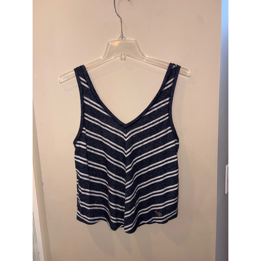 Hollister Womens Navy Blue White Striped V-Neck Tank Top Size S vintage Y2K